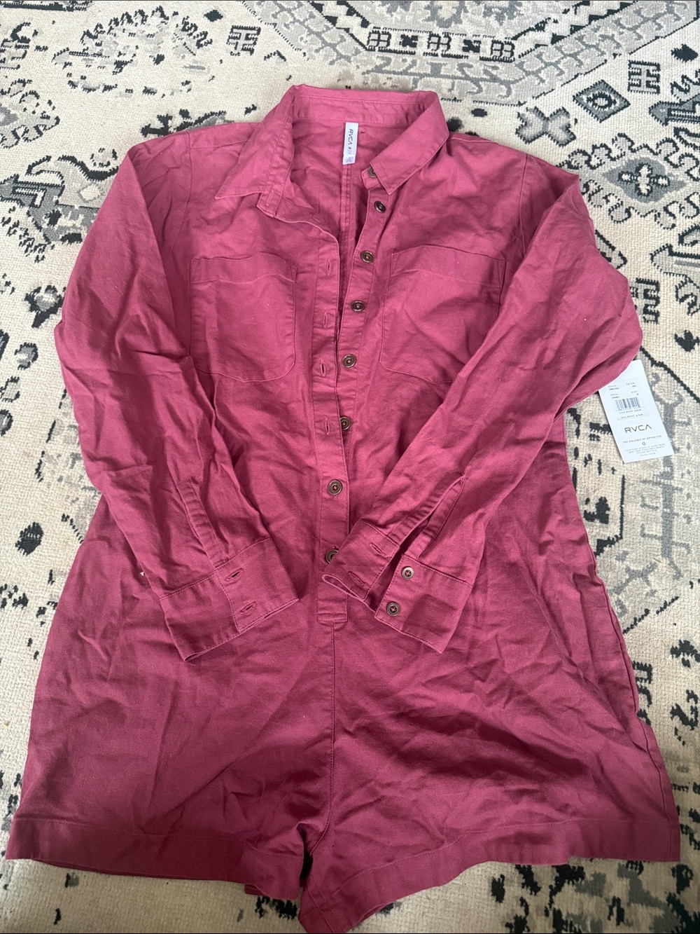 RVCA Rose-Red Button-Front Long Sleeve Romper